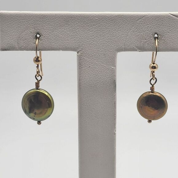 14K GF Genuine Green Iridescent Coin Pearls - Picture 1 of 5